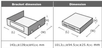 Bracket dimension Dimension 143(L)×139(W)×41(H) mm 101.3(L)×94.5(W)×25.4(H) mm