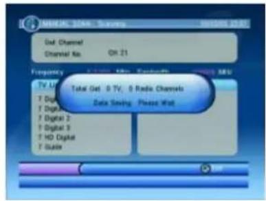 MEDIA. 32AM - Screening 00:00:15:47 Out Channel Channel No. OR 21 Frequency TV Up Total Get 0 TV, 0 Radio Channels Data Saving Please Wait