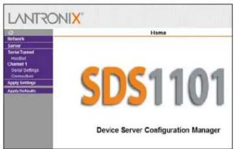 LANTRONIX® Home Network Server Serial Tanned Hostlist Channel 1 Serial Settings Connection Apply Settings Apply Defaults SDS1101 Device Server Configuration Manager