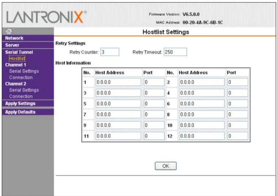 LANTRONIX® Firmware Version: V6.5.0.0 MAC Address: 00-20-4A-9C-6B-1C Hostlist Settings Network Server Serial Tunnel Hostlist Channel 1 Serial Settings Connection Channel 2 Serial Settings Connection Apply Settings Apply Defaults Retry Settings Retry Counter: 3 Retry Timeout: 250 Host Information No. Host Address Port No. Host Address Port 1 0.0.0.0 0 2 0.0.0.0 0 3 0.0.0.0 0 4 0.0.0.0 0 5 0.0.0.0 0 6 0.0.0.0 0 7 0.0.0.0 0 8 0.0.0.0 0 9 0.0.0.0 0 10 0.0.0.0 0 11 0.0.0.0 0 12 0.0.0.0 0 OK