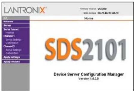 LANTRONIX® Networks Server Serial Tensel Hostels Channel 1 Serial Settings Connection Channel 2 Serial Settings Connection Apply Settings Apply Settings Home VLS3.00 WIC Address: 00-29-4A-9C-6B-1C SDS2101 Device Server Configuration Manager Version 1.6.0.0