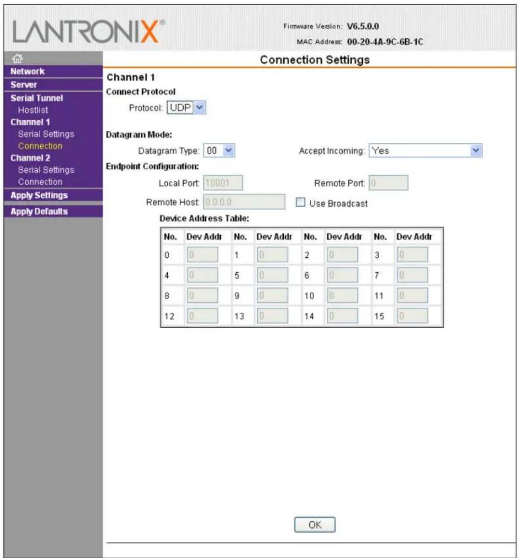 LANTRONIX® Firmware Version: V6.5.0.0 MAC Address: 00-20-4A-9C-6B-1C Network Server Serial Tunnel Hostlist Channel 1 Serial Settings Connection Channel 2 Serial Settings Connection Apply Settings Apply Defaults Connection Settings Channel 1 Connect Protocol Protocol: UDP Datagram Mode: Datagram Type: 00 Accept Incoming: Yes Endpoint Configuration: Local Port: 10001 Remote Port: 0 Remote Host: 0.0.0.0 Use Broadcast Device Address Table: No. Dev Addr No. Dev Addr No. Dev Addr No. Dev Addr 0 0 1 0 2 0 3 0 4 0 5 0 6 0 7 0 8 0 9 0 10 0 11 0 12 0 13 0 14 0 15 0 OK