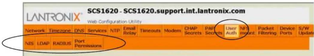SCS1620 - SCS1620.support.int.lantronix.com LANTRONIX® Web Configuration Utility Network Timezone DNS Services NTP Email Relay Timeouts Modem CHAP Secrets PAP Secrets User Auth NFS mount Packet Filtering Device Ports S/W Update NIS LDAP RADIUS Port Permissions