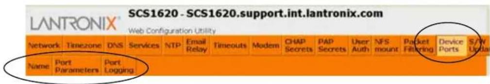 LANTRONIX® SCS1620 - SCS1620.support.int.lantronix.com Web Configuration Utility Network Timezone DNS Services NTP Email Relay Timeouts Modem CHAP Secrets PAP Secrets User Auth NFS mount Packet Filtering Device Ports S/W Update Name Port Parameters Port Logging