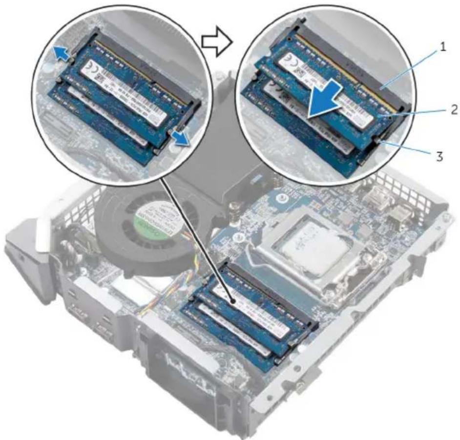Diagram showing three views of a computer motherboard with labeled RAM chips and a blue arrow indicating a process step.