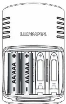 Illustration of a Lenmar battery pack with four batteries and one labeled 'AA/AAA' (no text or symbols on the main body)