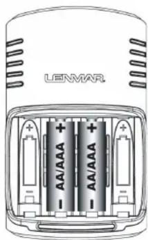 Illustration of a Lenmar battery pack with four batteries and labeled power rating (no text beyond brand name)