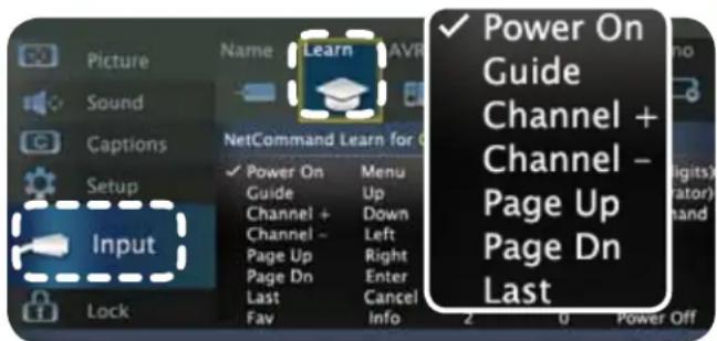 Picture Sound Captions Setup Input Lock Name Learn AVR NetCommand Learn for 0 ✓ Power On Guide Channel + Channel - Page Up Page Dn Last Fav Menu Up Down Left Right Enter Cancel Info ✓ Power On Guide Channel + Channel - Page Up Page Dn Last 2 0 Power Off
