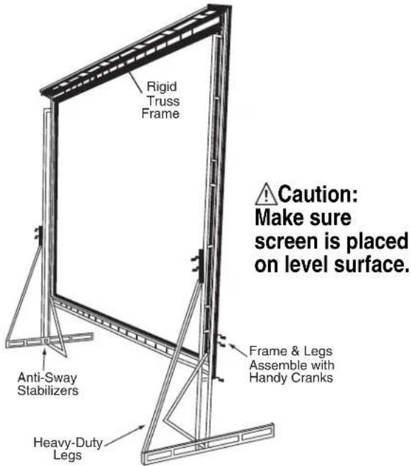 Rigid Truss Frame Anti-Sway Stabilizers Heavy-Duty Legs Frame & Legs Assemble with Handy Cranks Caution: Make sure screen is placed on level surface.