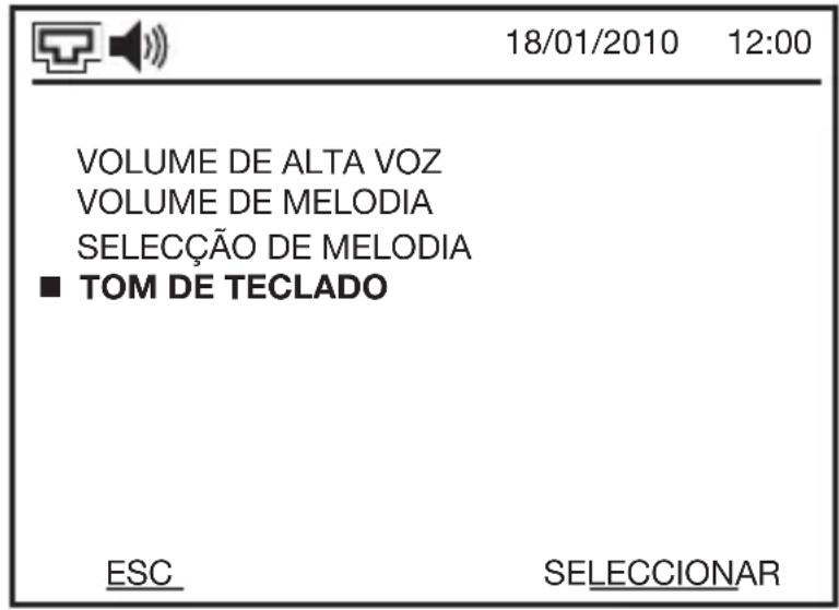 18/01/2010 12:00 VOLUME DE ALTA VOZ VOLUME DE MELODIA SELECÇÃO DE MELODIA ■ TOM DE TECLADO ESC SELECCIONAR