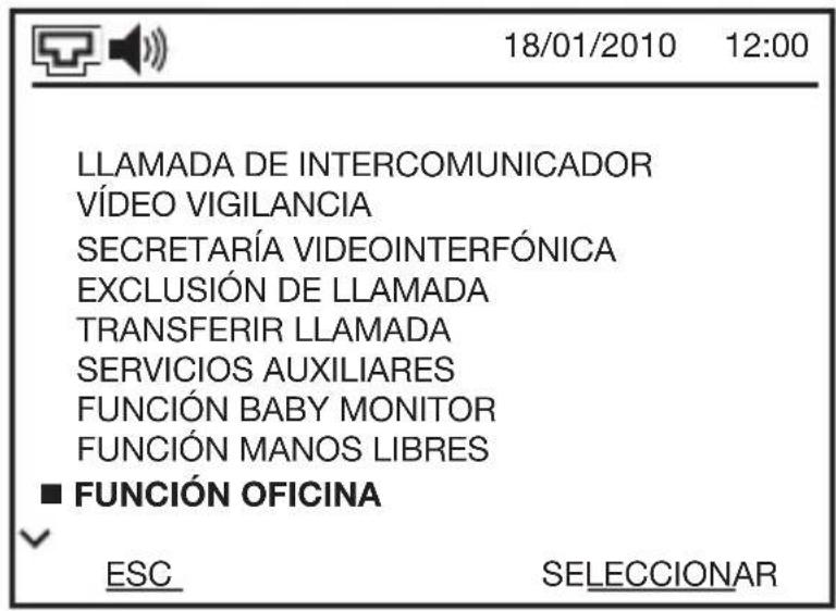 18/01/2010 12:00 LLAMADA DE INTERCOMUNICADOR VÍDEO VIGILANCIA SECRETARÍA VIDEOINTERFÓNICA EXCLUSIÓN DE LLAMADA TRANSFERIR LLAMADA SERVICIOS AUXILIARES FUNCIÓN BABY MONITOR FUNCIÓN MANOS LIBRES ■ FUNCIÓN OFICINA ESC SELECCIONAR