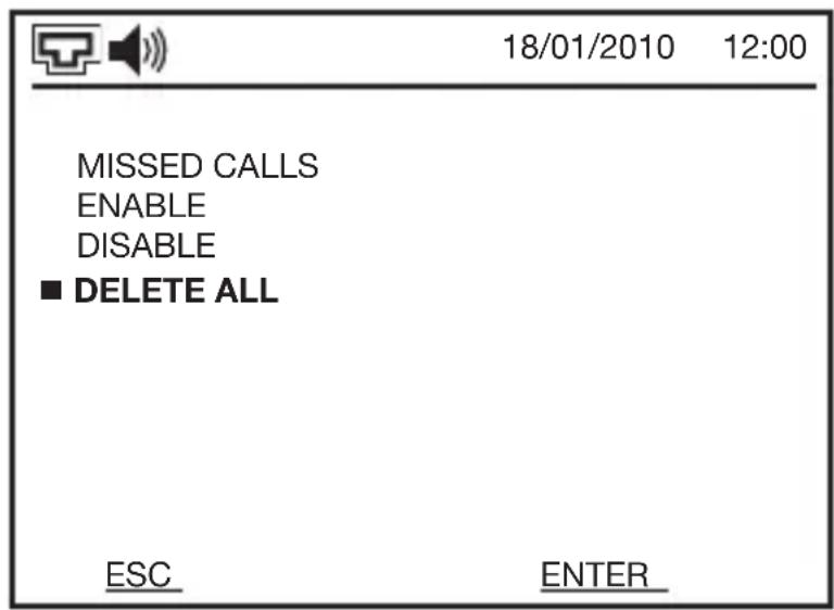 18/01/2010 12:00 MISSED CALLS ENABLE DISABLE ■ DELETE ALL ESC ENTER