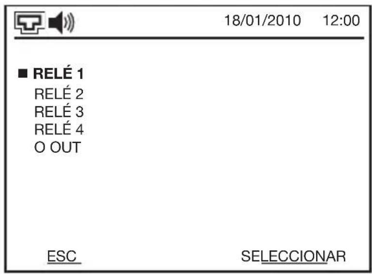 18/01/2010 12:00 ■ RELÉ 1 RELÉ 2 RELÉ 3 RELÉ 4 O OUT ESC SELECCIONAR