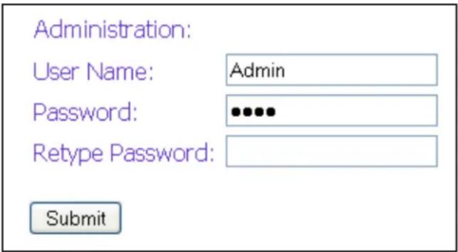 Administration: User Name: Admin Password: ••••• Retype Password: Submit