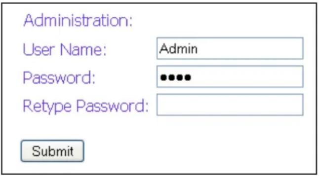 Administration: User Name: Admin Password: ••••• Retype Password: Submit