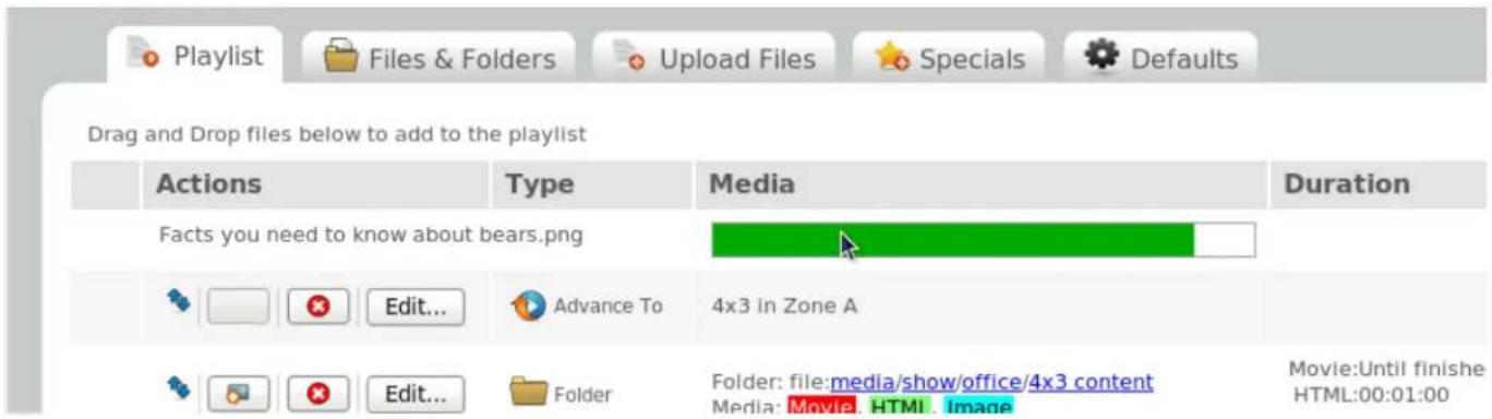 Drag and Drop files below to add to the playlist Actions Type Media Duration Facts you need to know about bears.png 4x3 In Zone A Edit... Folder Media: Movie. HTML Image Movie:Until finishe HTML:00:01:00