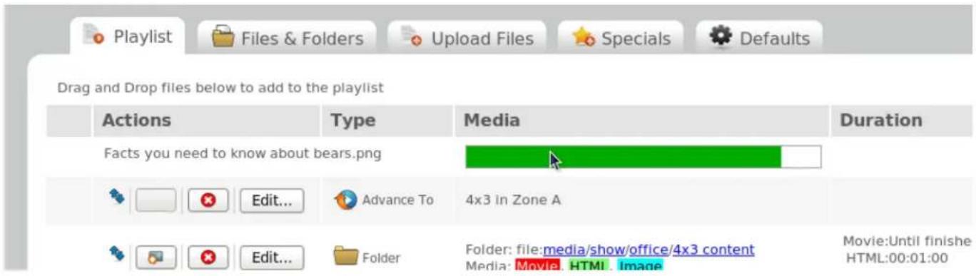 Drag and Drop files below to add to the playlist Actions Type Media Duration Facts you need to know about bears.png 4x3 in Zone A Edit... Folder Media: Movie. HTML Image Movie:Until finishe HTML:00:01:00