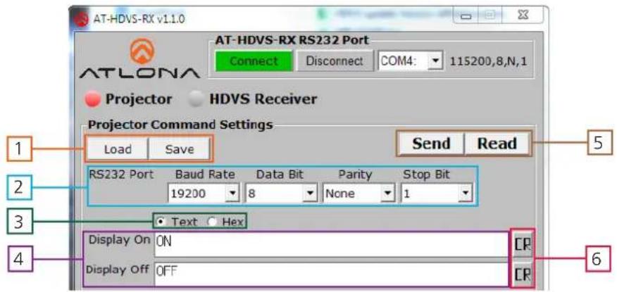 AT-HDVS-RX v1.0 AT-HDVS-RX RS232 Port Connect Disconnect COM4: 115200,8,N,1 Projector HDVS Receiver Projector Command Settings Load Save Send Read RS232 Port Baud Rate Data Bit Parity Stop Bit 19200 8 None 1 Text Hex Display On ON Display Off OFF CR CR 1 2 3 4 5 6
