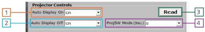 Projector Controls Auto Display On On Auto Display Off On ProjSW Mode (Sec.) 0 Read 1 2 3 4