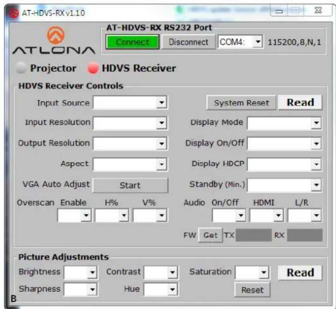 AT-HDVS-RX v1.10 AT-HDVS-RX RS232 Port Connect Disconnect COM4: 115200,8,N,1 Projector HDVS Receiver HDVS Receiver Controls Input Source System Reset Read Input Resolution Display Mode Output Resolution Display On/Off Aspect Display HDCP VGA Auto Adjust Start Standby (Min.) Overscan Enable H% V% Audio On/Off HDMI L/R FW Get TX RX Picture Adjustments Brightness Contrast Saturation Read Sharpness Hue Reset B