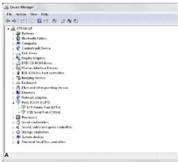 Device Manager File Action View Help AT0486-LP Batteries Bluetooth Radios Computer ControlVault Device Disk drives Display adapters DVD/CD-ROM drives Human Interface Devices IEEE L394 Bus host controllers Imaging devices Keyboards Mice and other pointing devices Monitors Network adapters Ports (COM &LPT) ECP Printer Port (LPT3) USB Serial Port (COM4) Processors Smart card readers Sound, video and game controllers Storage controllers System devices Universal Serial Bus controllers