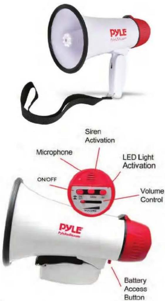 PYLE PyleAudi.com Siren Activation Microphone ON/OFF LED Light Activation Volume Control PYLE PyleAudi.com Battery Access Button