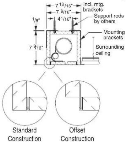 7 13/16" 7 9/16" 4 1/16" Incl. mtg. brackets Support rods by others Mounting brackets Surrounding ceiling 7 9/16" Standard Construction Offset Construction
