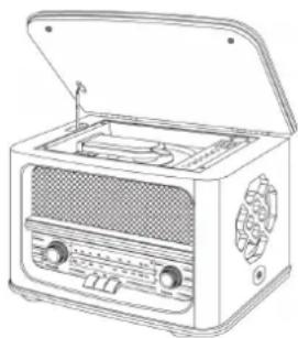 Line drawing of a vintage radio with open lid and side panels (no text or symbols)