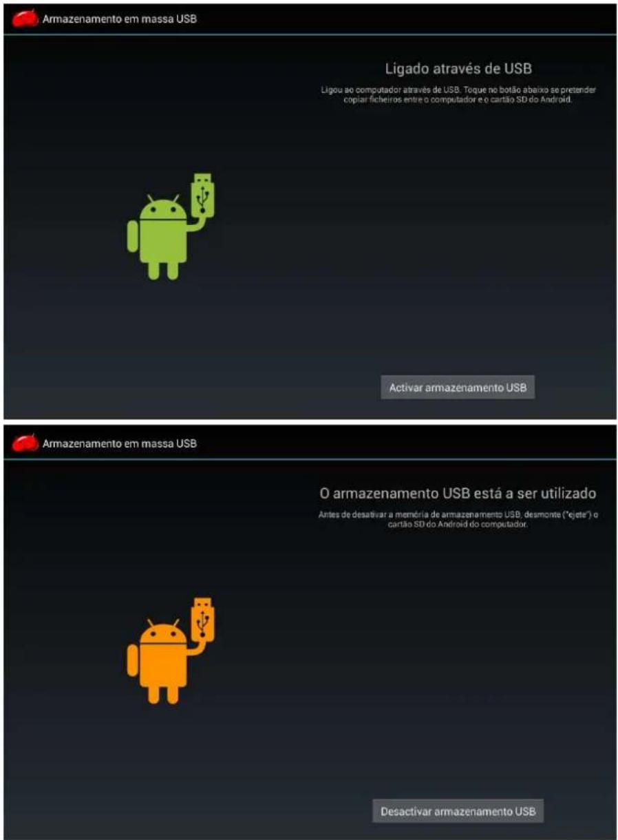 Armazenamento em massa USB Ligado através de USB Ligou ao computador através de USB. Toque no botão abaixo se pretender copiar ficheiros entre o computador e o cartão SD do Android. Activar armazenamento USB Armazenamento em massa USB O armazenamento USB está a ser utilizado Antes de desativar a memória de armazenamento USB, desmonte ("ejete") o cartão SD do Android do computador. Desactivar armazenamento USB