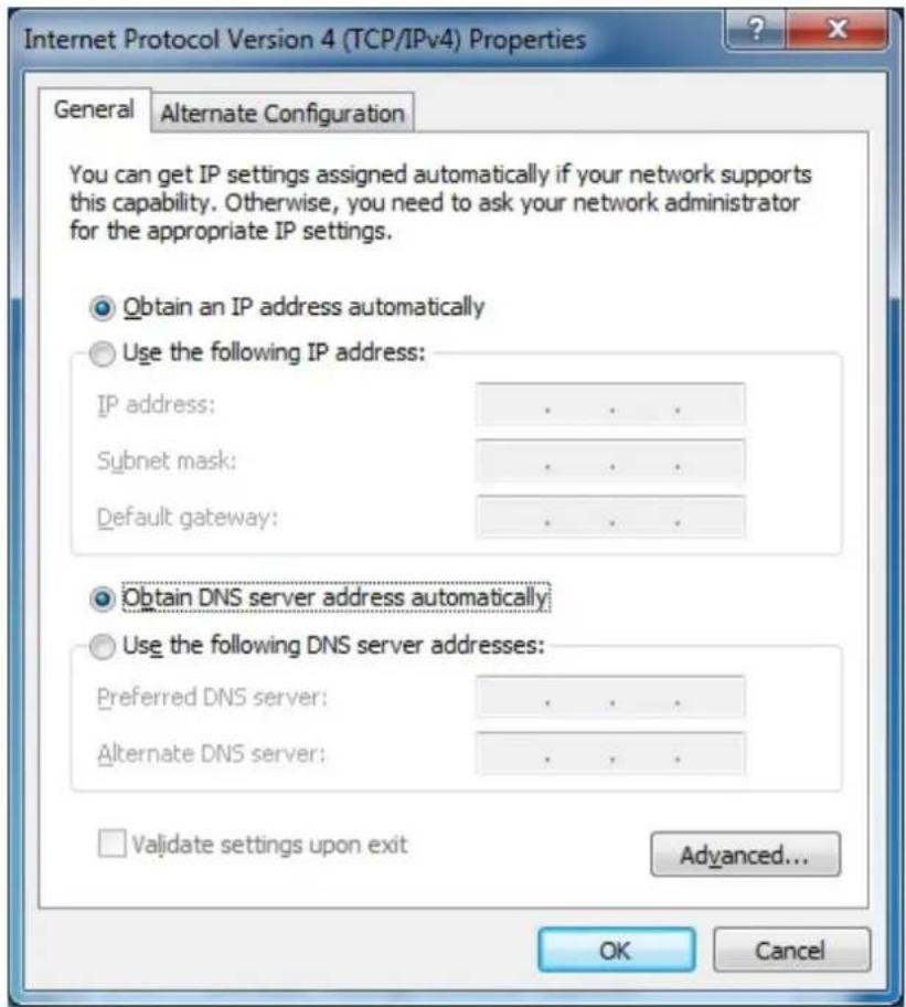 Internet Protocol Version 4 (TCP/IPv4) Properties General Alternate Configuration You can get IP settings assigned automatically if your network supports this capability. Otherwise, you need to ask your network administrator for the appropriate IP settings. Obtain an IP address automatically Use the following IP address: IP address: . Subnet mask: . Default gateway: . Obtain DNS server address automatically Use the following DNS server addresses: Preferred DNS server: . Alternate DNS server: . Validate settings upon exit Advanced... OK Cancel