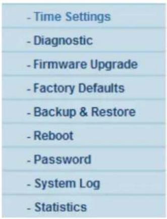 - Time Settings - Diagnostic - Firmware Upgrade - Factory Defaults - Backup & Restore - Reboot - Password - System Log - Statistics