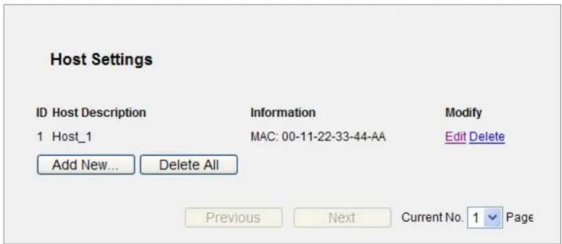 Host Settings ID Host Description Information Modify 1 Host_1 MAC: 00-11-22-33-44-AA Edit Delete Add New... Delete All Previous Next Current No. 1 Page