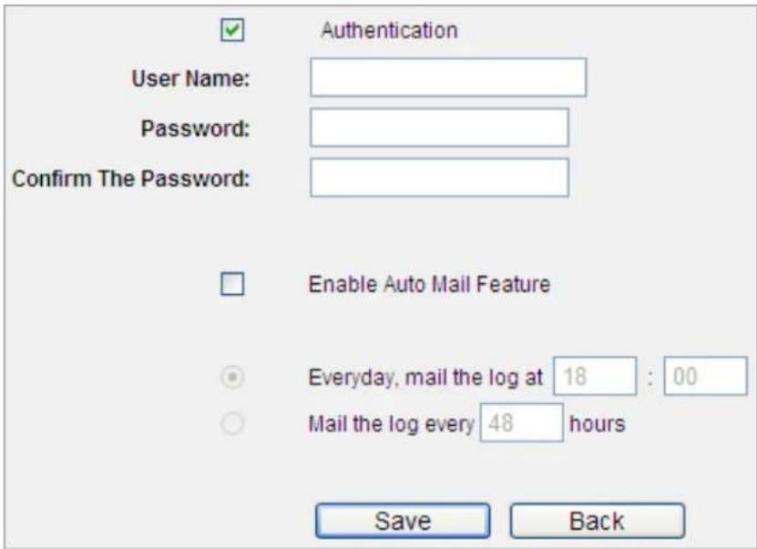 Authentication User Name: Password: Confirm The Password: Enable Auto Mail Feature Everyday, mail the log at 18 : 00 Mail the log every 48 hours Save Back