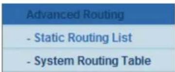 Advanced Routing - Static Routing List - System Routing Table