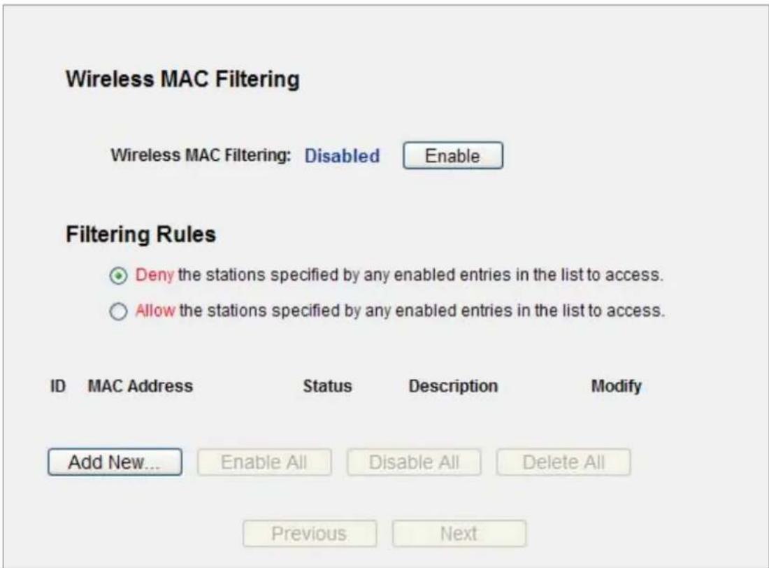 Wireless MAC Filtering Wireless MAC Filtering: Disabled Enable Filtering Rules Deny the stations specified by any enabled entries in the list to access. Allow the stations specified by any enabled entries in the list to access. ID MAC Address Status Description Modify Add New... Enable All Disable All Delete All Previous Next