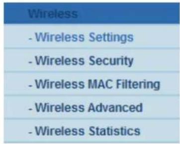 Wireless - Wireless Settings - Wireless Security - Wireless MAC Filtering - Wireless Advanced - Wireless Statistics