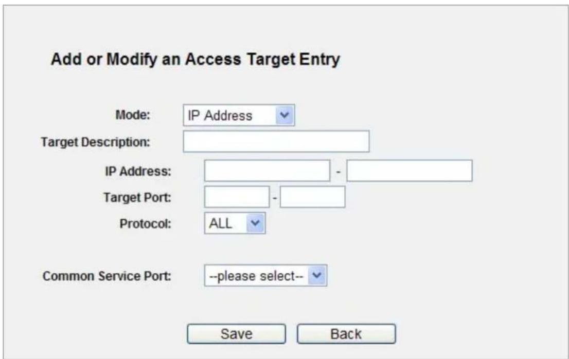 Add or Modify an Access Target Entry Mode: IP Address Target Description: IP Address: - Target Port: - Protocol: ALL Common Service Port: --please select-- Save Back