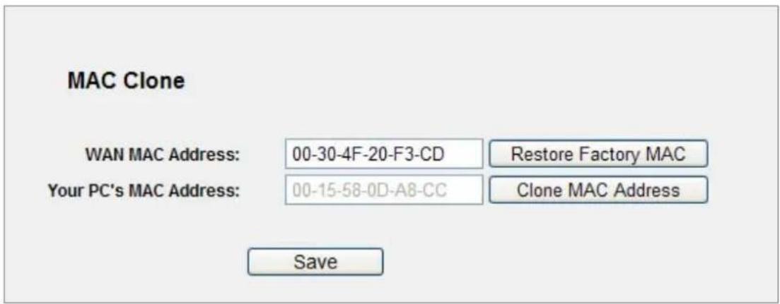 MAC Clone WAN MAC Address: 00-30-4F-20-F3-CD Restore Factory MAC Your PC's MAC Address: 00-15-58-0D-A8-CC Clone MAC Address Save
