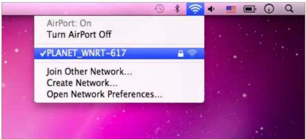 AirPort: On Turn AirPort Off ✓PLANET_WNRT-617 Join Other Network... Create Network... Open Network Preferences...
