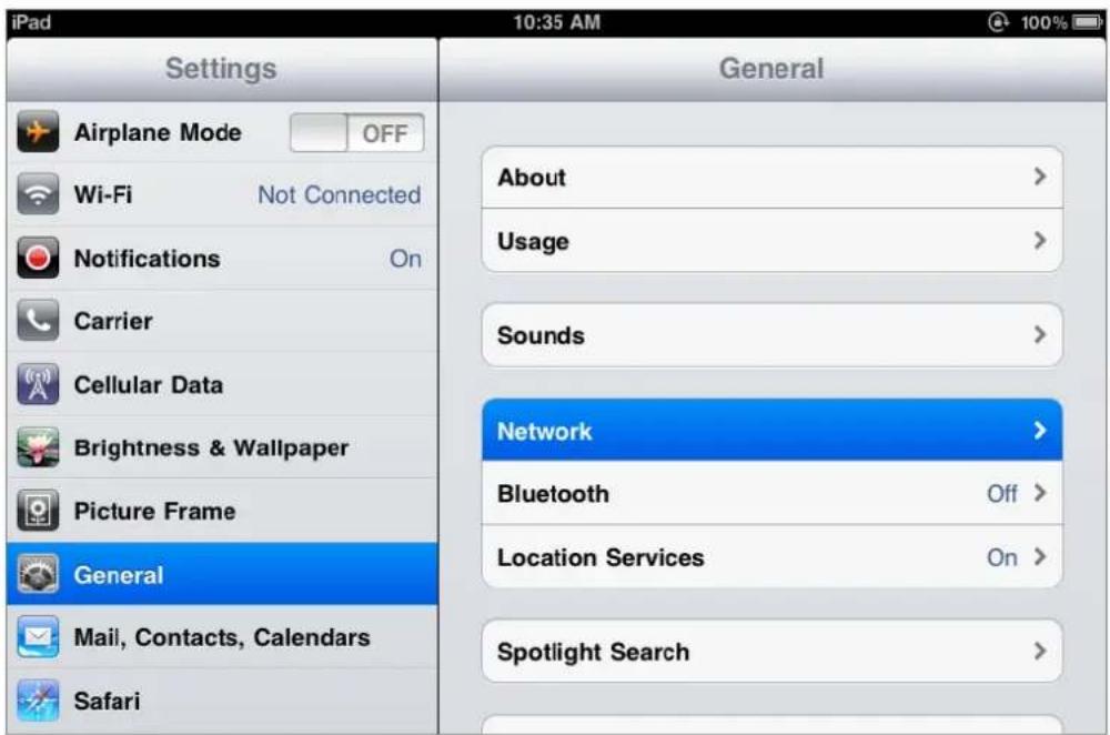 iPad 10:35 AM Settings Airplane Mode OFF Wi-Fi Not Connected Notifications On Carrier Cellular Data Brightness & Wallpaper Picture Frame General Mail, Contacts, Calendars Safari General About > Usage > Sounds > Network > Bluetooth Off > Location Services On > Spotlight Search >