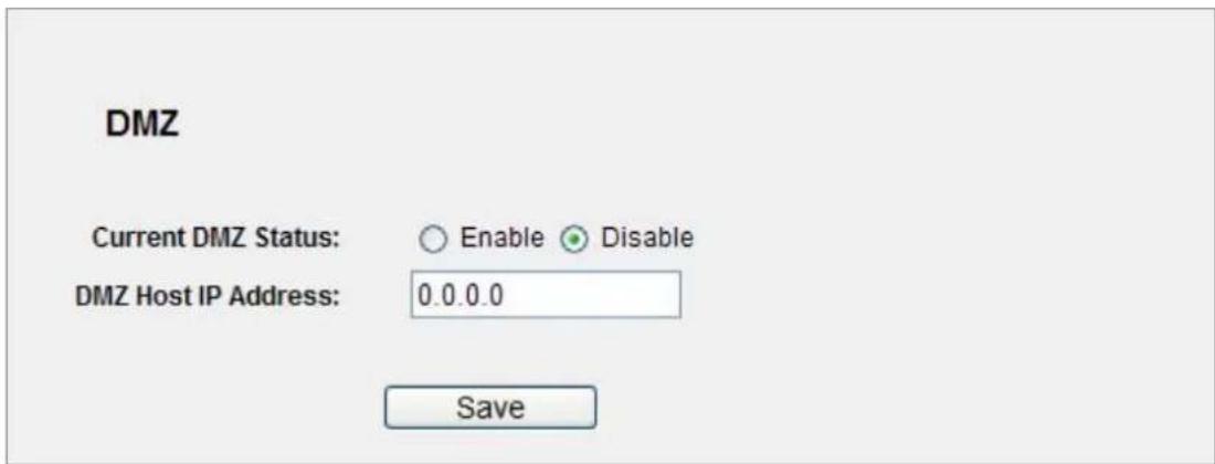 DMZ Current DMZ Status: ○ Enable ● Disable DMZ Host IP Address: 0.0.0.0 Save