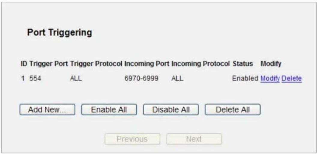 Port Triggering ID Trigger Port Trigger Protocol Incoming Port Incoming Protocol Status Modify 1 554 ALL 6970-6999 ALL Enabled Modify Delete Add New... Enable All Disable All Delete All Previous Next
