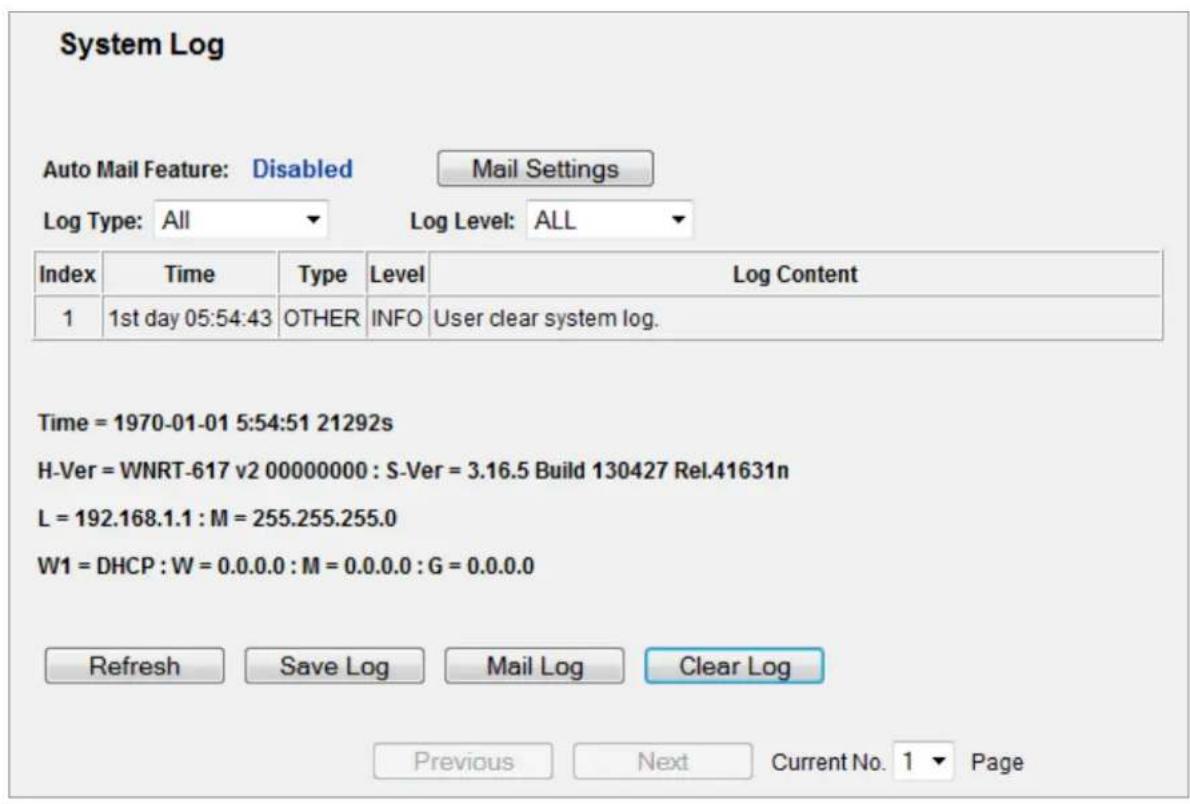 System Log Auto Mail Feature: Disabled Mail Settings Log Type: All Log Level: ALL Index Time Type Level Log Content 1 1st day 05:54:43 OTHER INFO User clear system log. Time = 1970-01-01 5:54:51 21292s H-Ver = WNRT-617 v2 00000000 : S-Ver = 3.16.5 Build 130427 Rel.41631n L = 192.168.1.1 : M = 255.255.255.0 W1 = DHCP : W = 0.0.0.0 : M = 0.0.0.0 : G = 0.0.0.0 Refresh Save Log Mail Log Clear Log Previous Next Current No. 1 Page