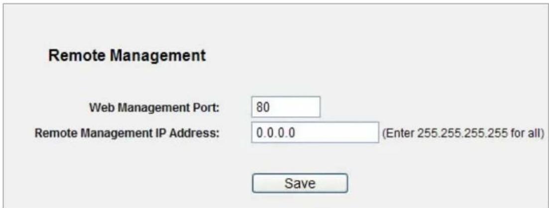 Remote Management Web Management Port: 80 Remote Management IP Address: 0.0.0.0 (Enter 255.255.255.255 for all) Save