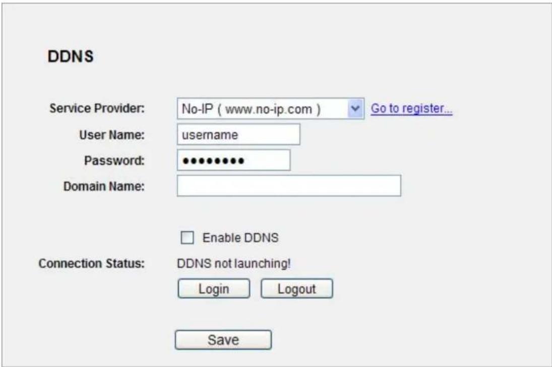 DDNS Service Provider: No-IP ( www.no-ip.com ) Go to register... User Name: username Password: •••••••••• Domain Name: Enable DDNS Connection Status: DDNS not launching! Login Logout Save