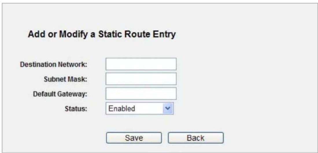 Add or Modify a Static Route Entry Destination Network: Subnet Mask: Default Gateway: Status: Enabled Save Back