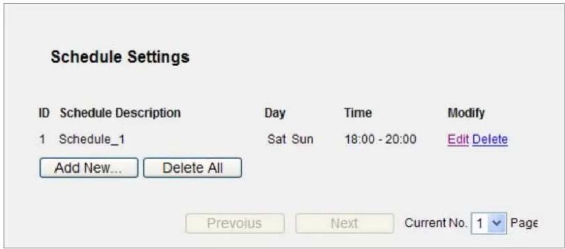 Schedule Settings ID Schedule Description Day Time Modify 1 Schedule_1 Sat Sun 18:00 - 20:00 Edit Delete Add New... Delete All Prevojus Next Current No. 1 Page