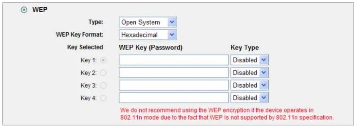 WEP Type: Open System WEP Key Format: Hexadecimal Key Selected WEP Key (Password) Key Type Key 1: Key 2: Key 3: Key 4: Disabled Disabled Disabled We do not recommend using the WEP encryption if the device operates in 802.11n mode due to the fact that WEP is not supported by 802.11n specification.