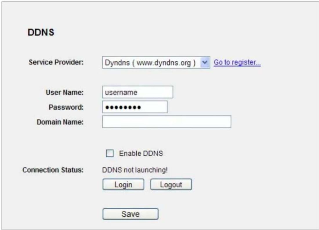 DDNS Service Provider: Dyndns ( www.dyndns.org ) Go to register... User Name: username Password: ••••••••• Domain Name: Enable DDNS Connection Status: DDNS not launching! Login Logout Save