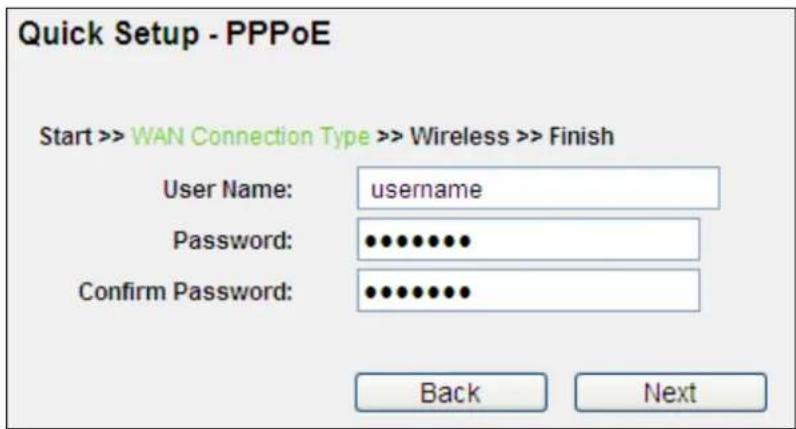 Quick Setup - PPPoE Start >> WAN Connection Type >> Wireless >> Finish User Name: username Password: ••••••••• Confirm Password: ••••••••• Back Next